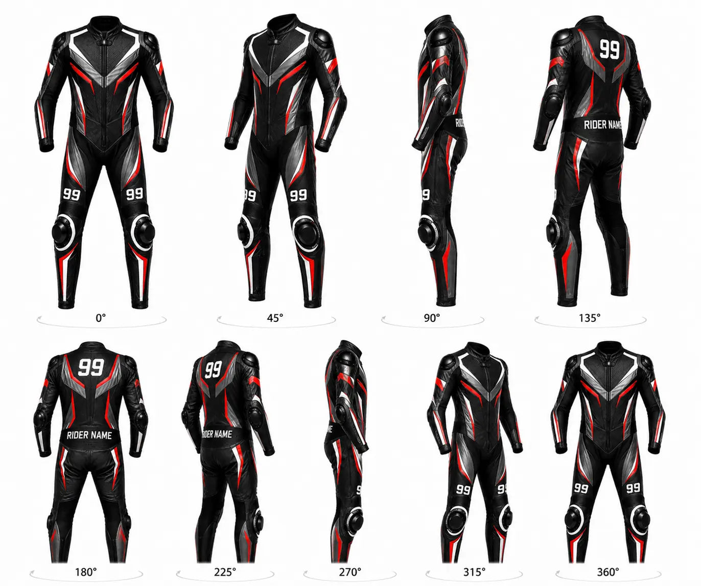 Black and red motorcycle racing suit with various angles displayed on a white background