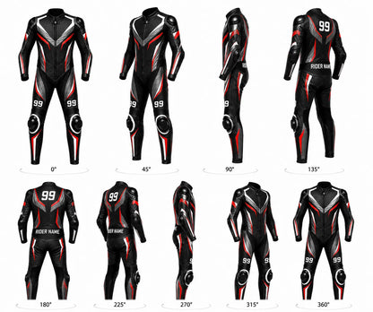 Black and red motorcycle racing suit with various angles displayed on a white background