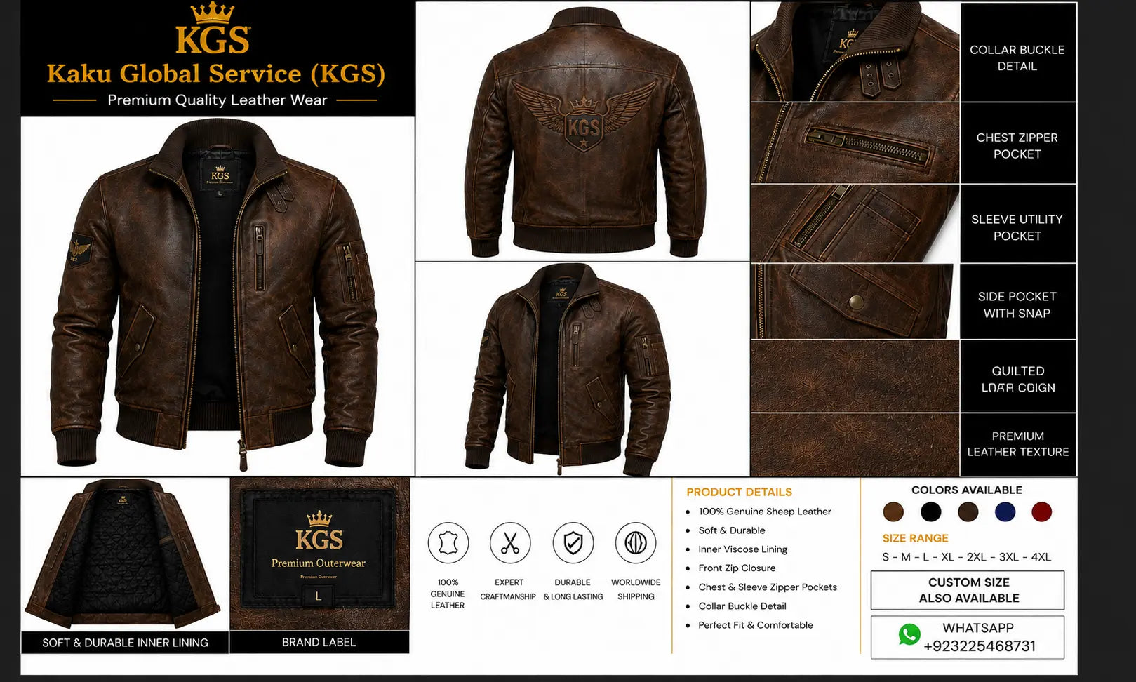 Brown leather jacket with detailed features and KGS branding on a white background