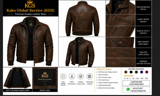 Brown leather jacket with detailed features and KGS branding on a white background