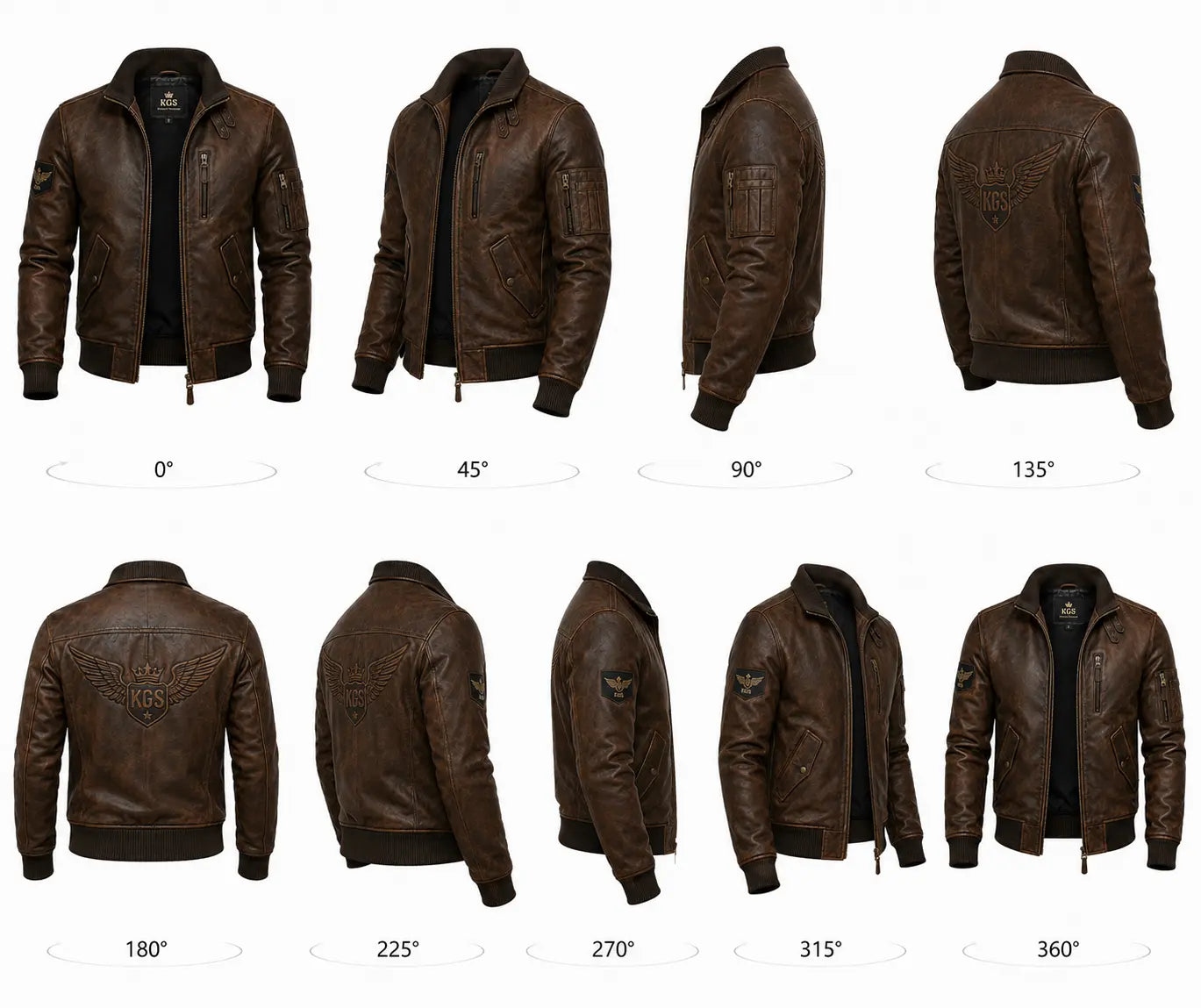 Brown leather jacket shown from multiple angles on a white background