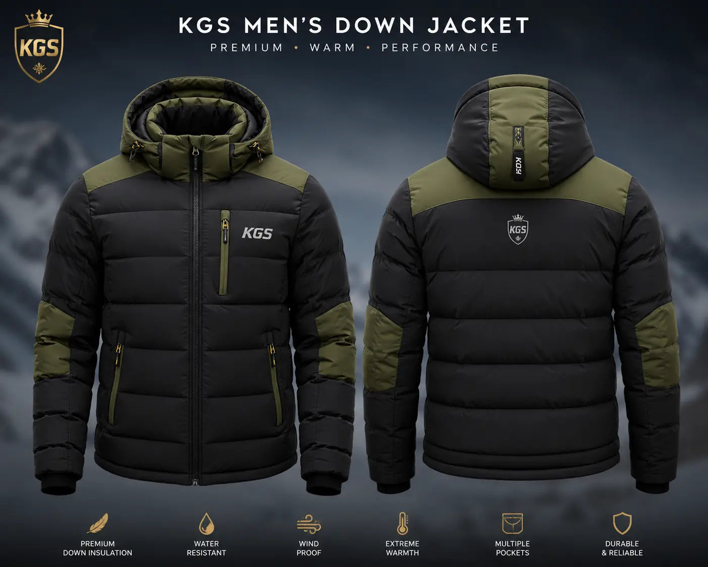 KGS Men's Down Jacket shown from front and back with product features listed.