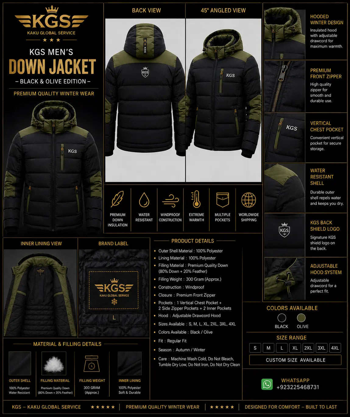 KGS Men's Down Jacket Black & Olive Edition with multiple views and specifications.
