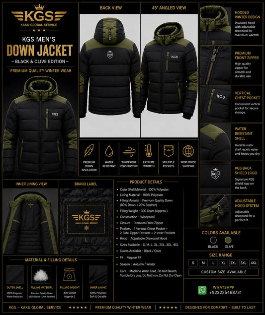 KGS Men's Down Jacket Black & Olive Edition with multiple views and specifications.