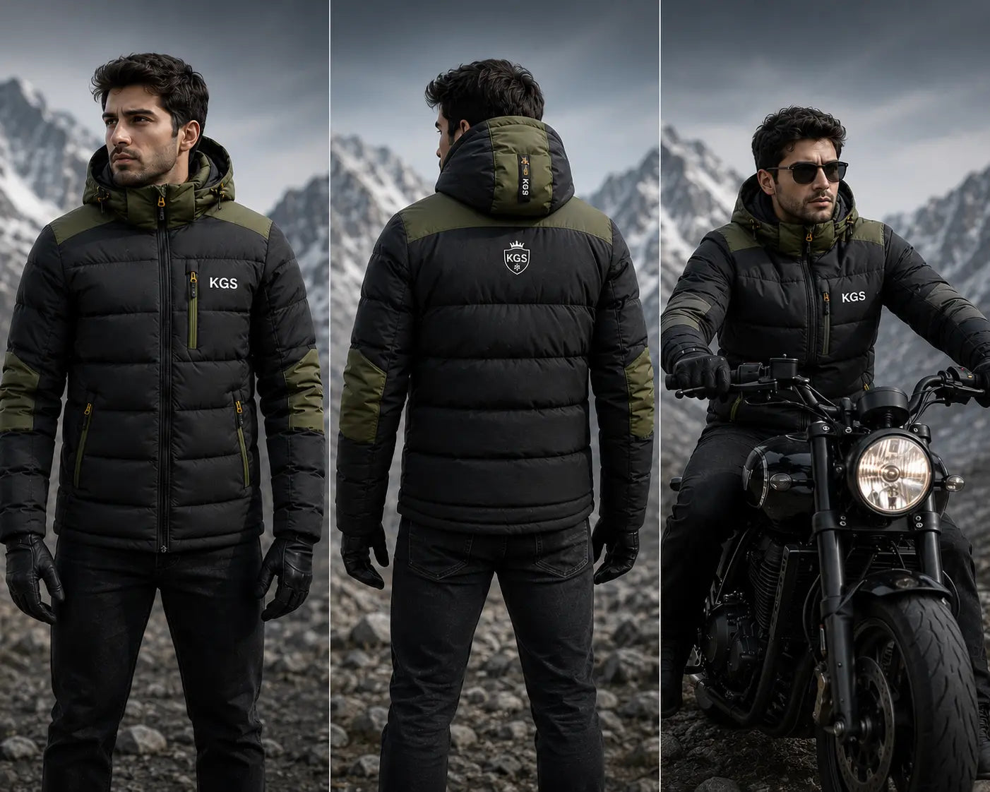 Man wearing a black and green puffer jacket with 'KGS' branding in mountainous terrain.