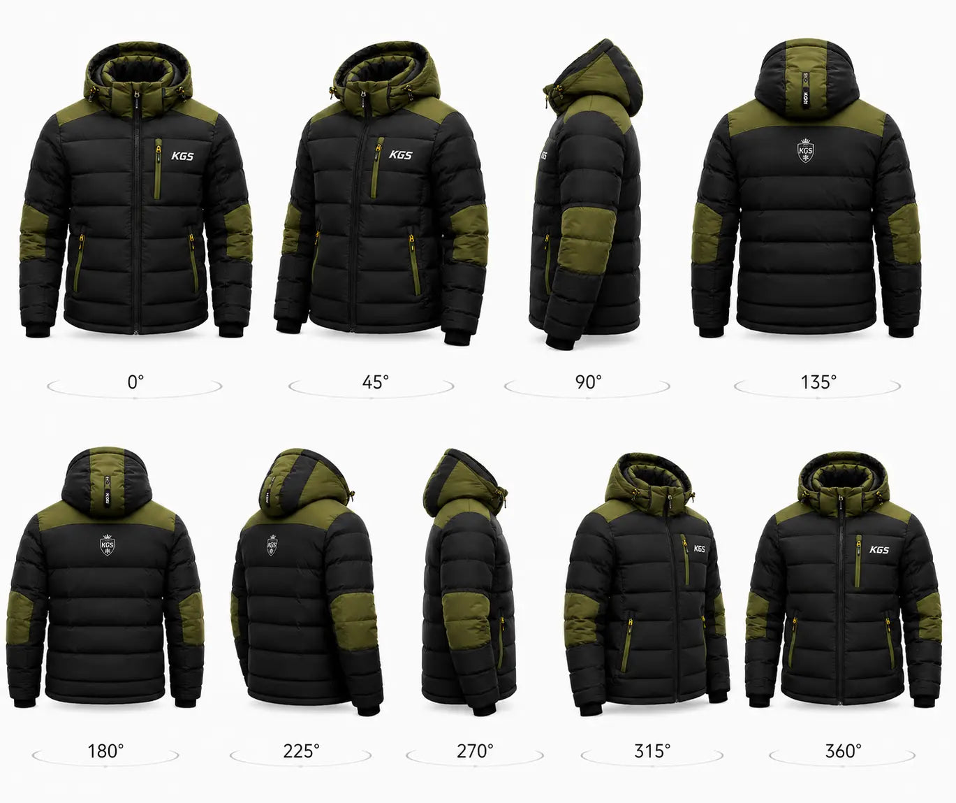 Black and green puffer jacket shown from multiple angles on a white background