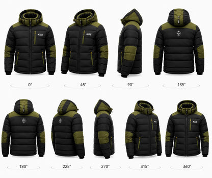 Black and green puffer jacket shown from multiple angles on a white background