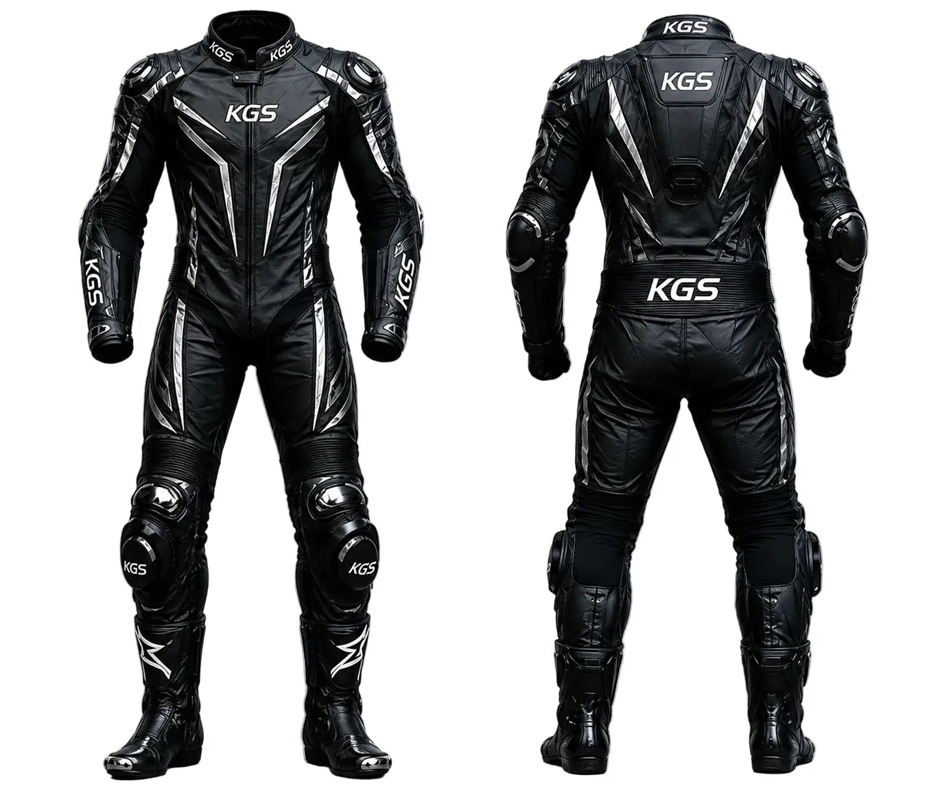 Black motorcycle racing suit with KGS branding on a white background