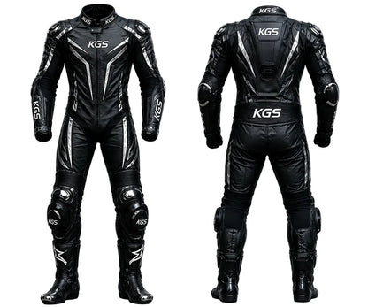 Black motorcycle racing suit with KGS branding on a white background