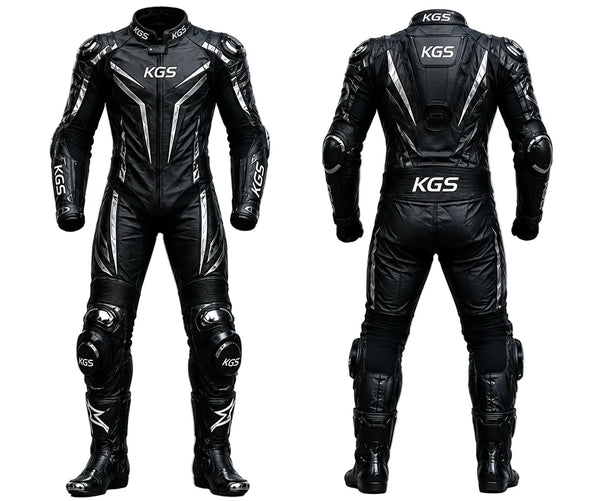 Black motorcycle racing suit with KGS branding on a white background