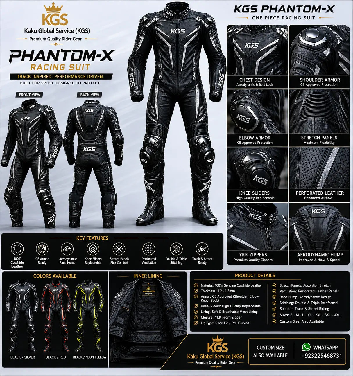 KGS Phantom-X racing suit with detailed features and specifications on a gray background