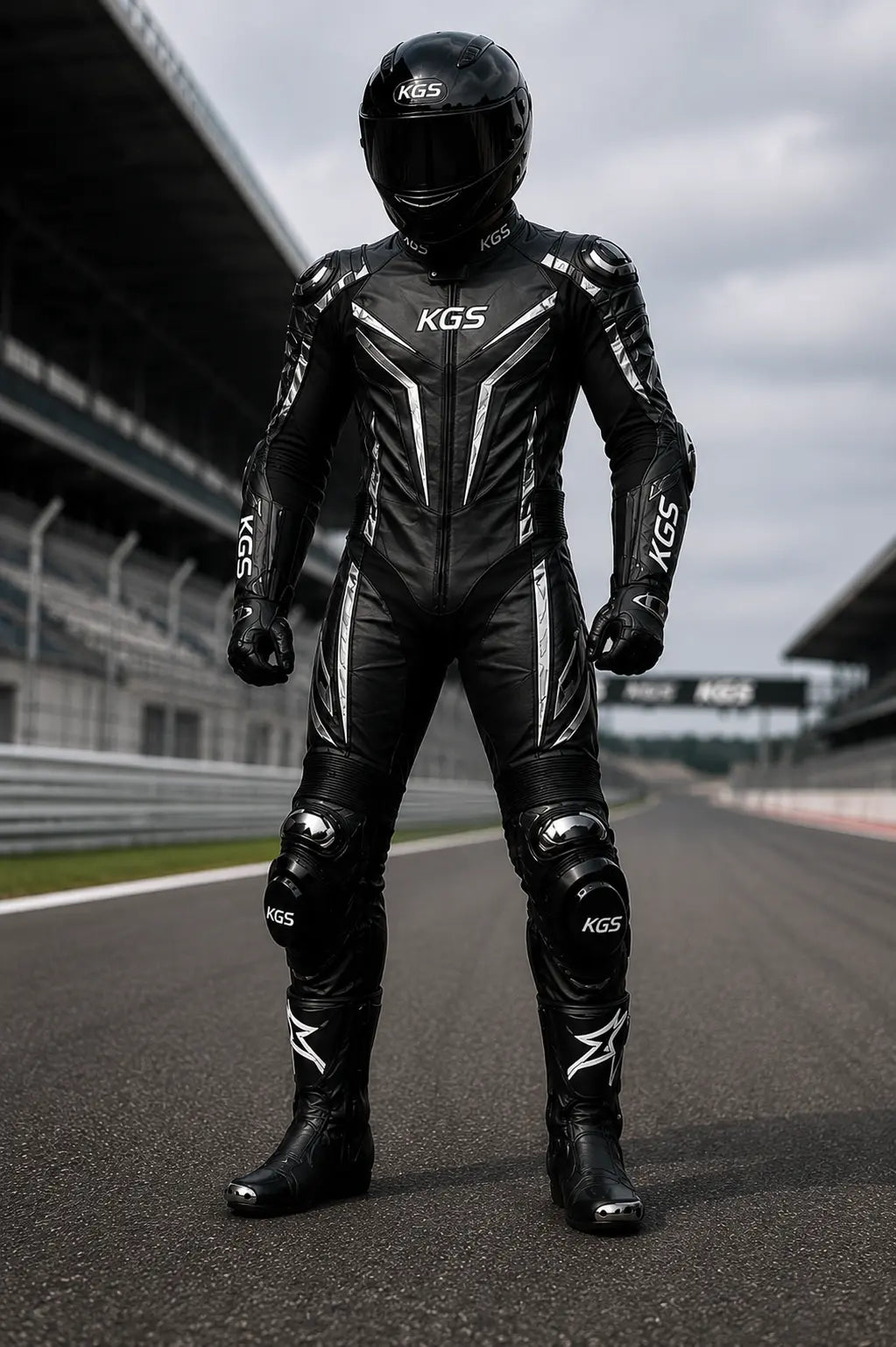 Person wearing a black KGS racing suit and helmet on a racetrack.
