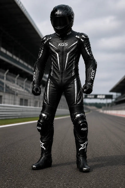 Person wearing a black KGS racing suit and helmet on a racetrack.