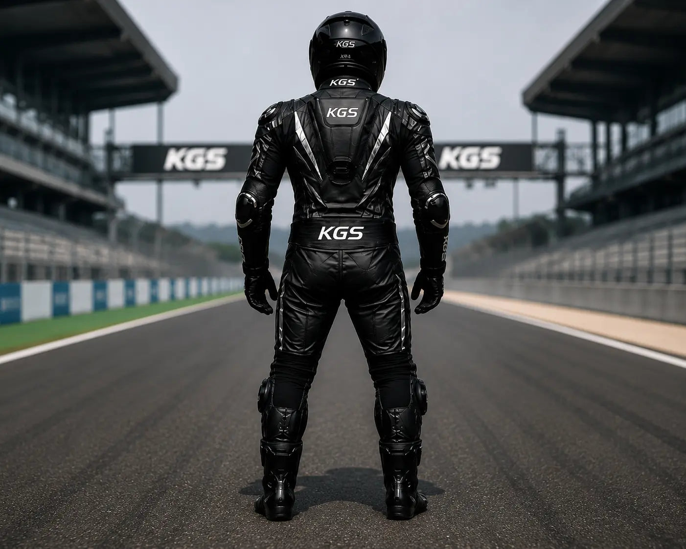 Person wearing a black KGS motorcycle suit and helmet on a race track.