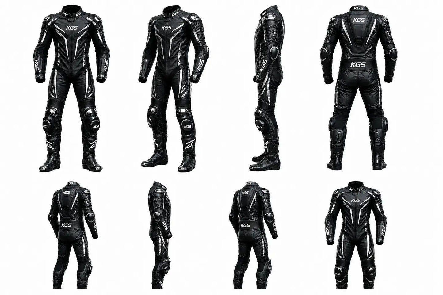 Multiple views of a black motorcycle racing suit with KOS branding on a white background