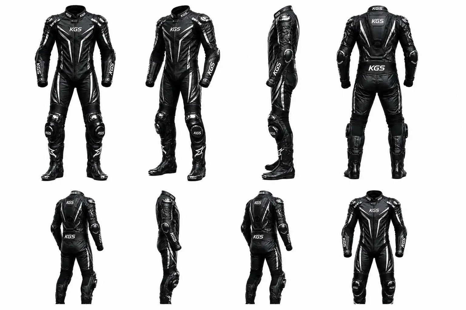 Multiple views of a black motorcycle racing suit with KOS branding on a white background