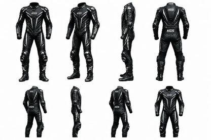 Multiple views of a black motorcycle racing suit with KOS branding on a white background