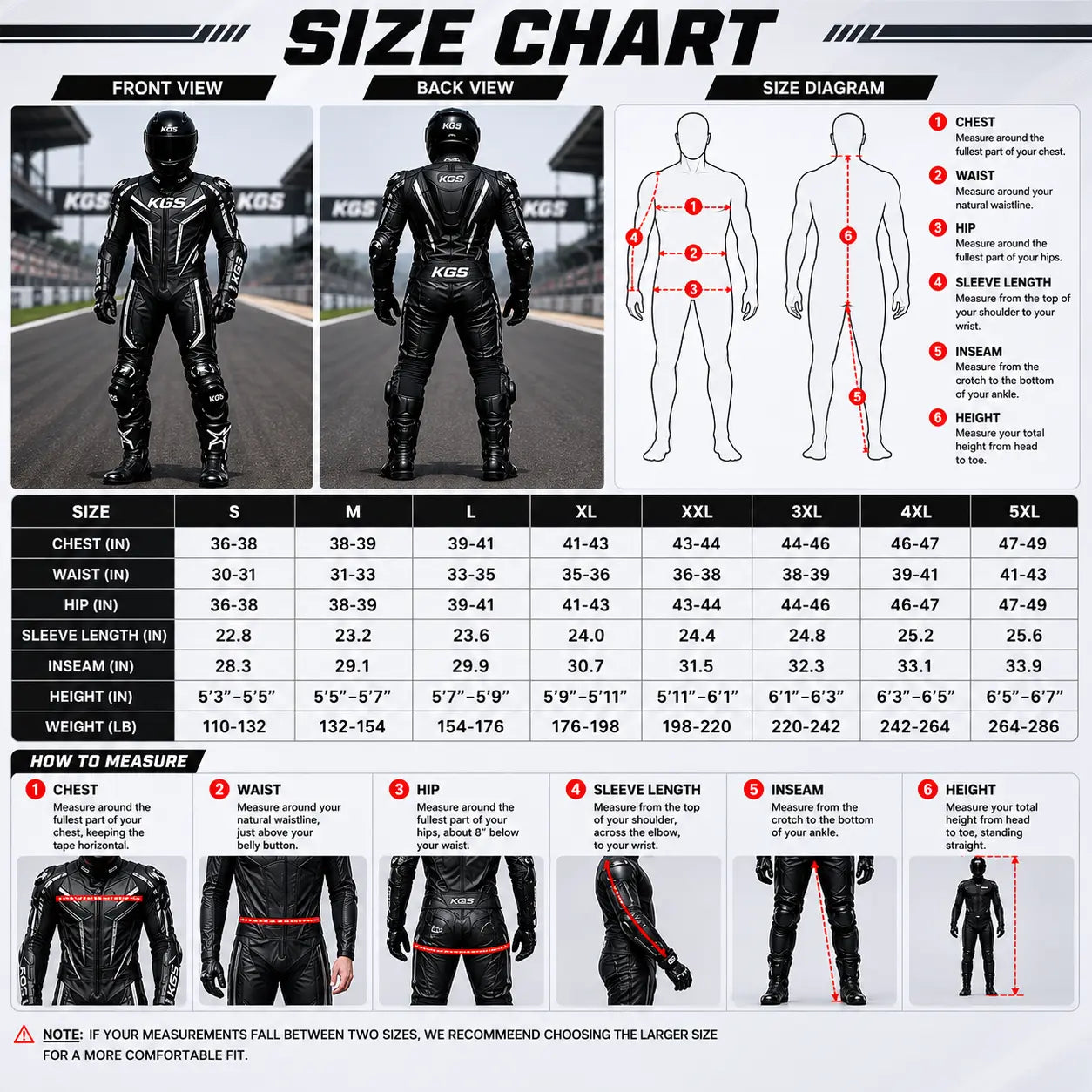 Size chart for KSG motorcycle suits with front and back views and measurement guide.