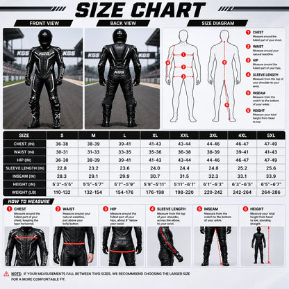 Size chart for KSG motorcycle suits with front and back views and measurement guide.