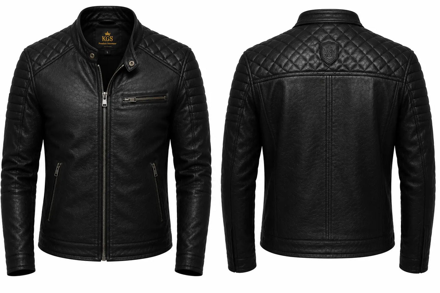 Black leather jacket shown from front and back on a white background