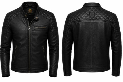 Black leather jacket shown from front and back on a white background