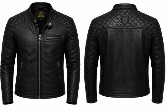 Black leather jacket shown from front and back on a white background