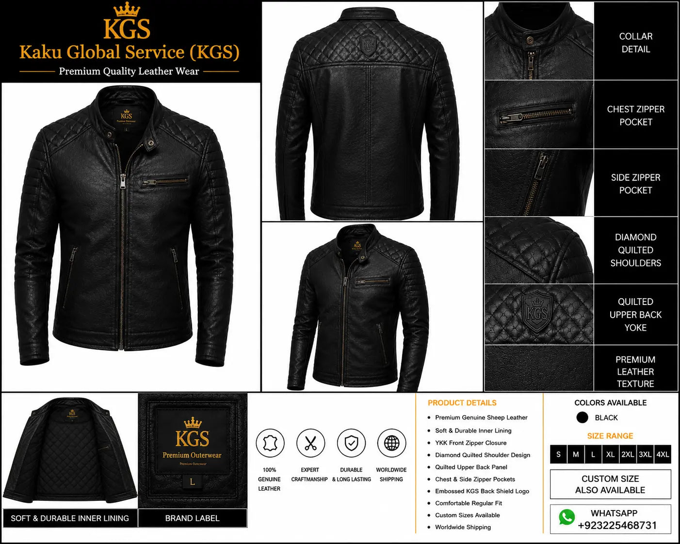 Black leather jacket with detailed features and Kaku Global Service branding.