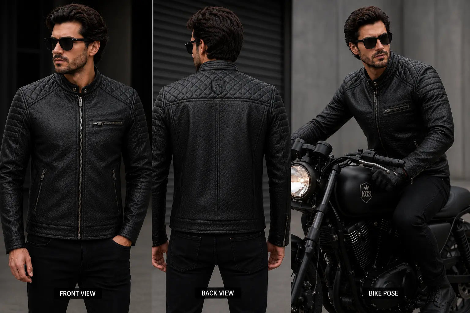 Man wearing a black leather jacket in front, back, and bike pose views.