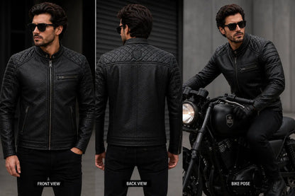 Man wearing a black leather jacket in front, back, and bike pose views.