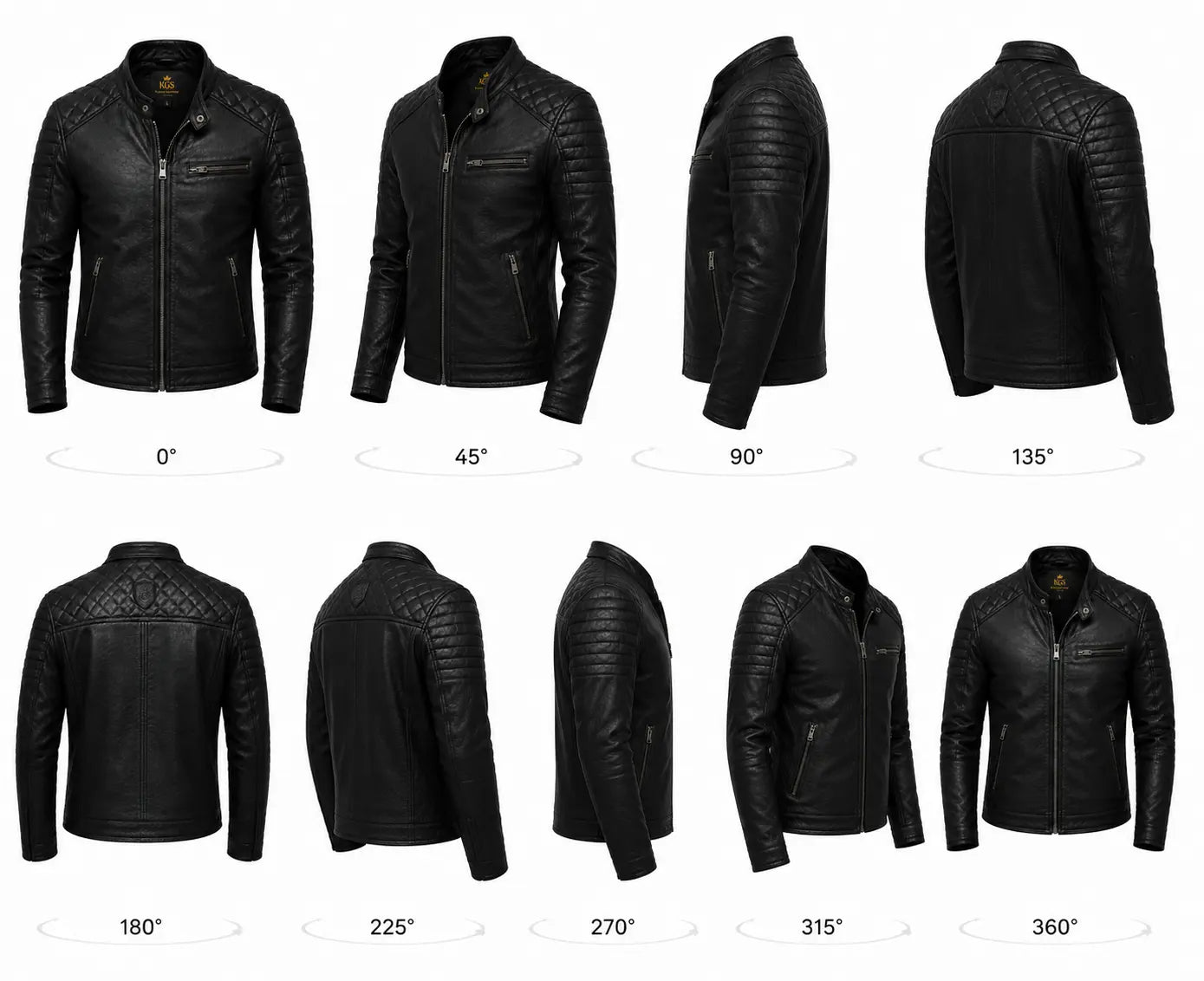 Black leather jacket displayed from multiple angles on a white background