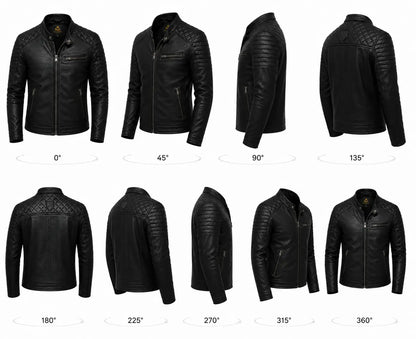 Black leather jacket displayed from multiple angles on a white background
