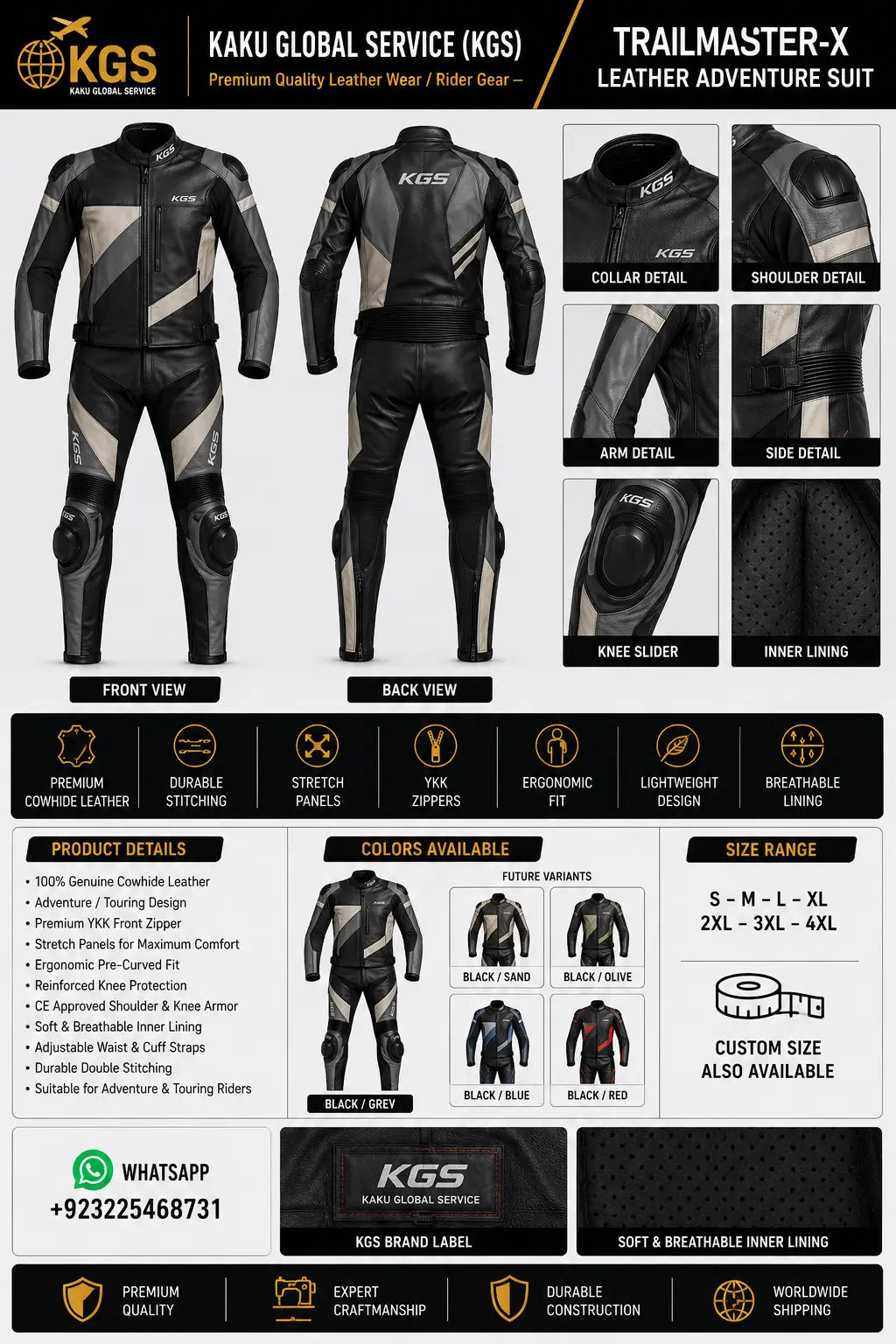 Trailmaster-X leather adventure suit with detailed specifications and KGU branding.