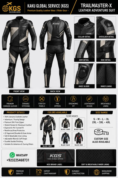 Trailmaster-X leather adventure suit with detailed specifications and KGU branding.