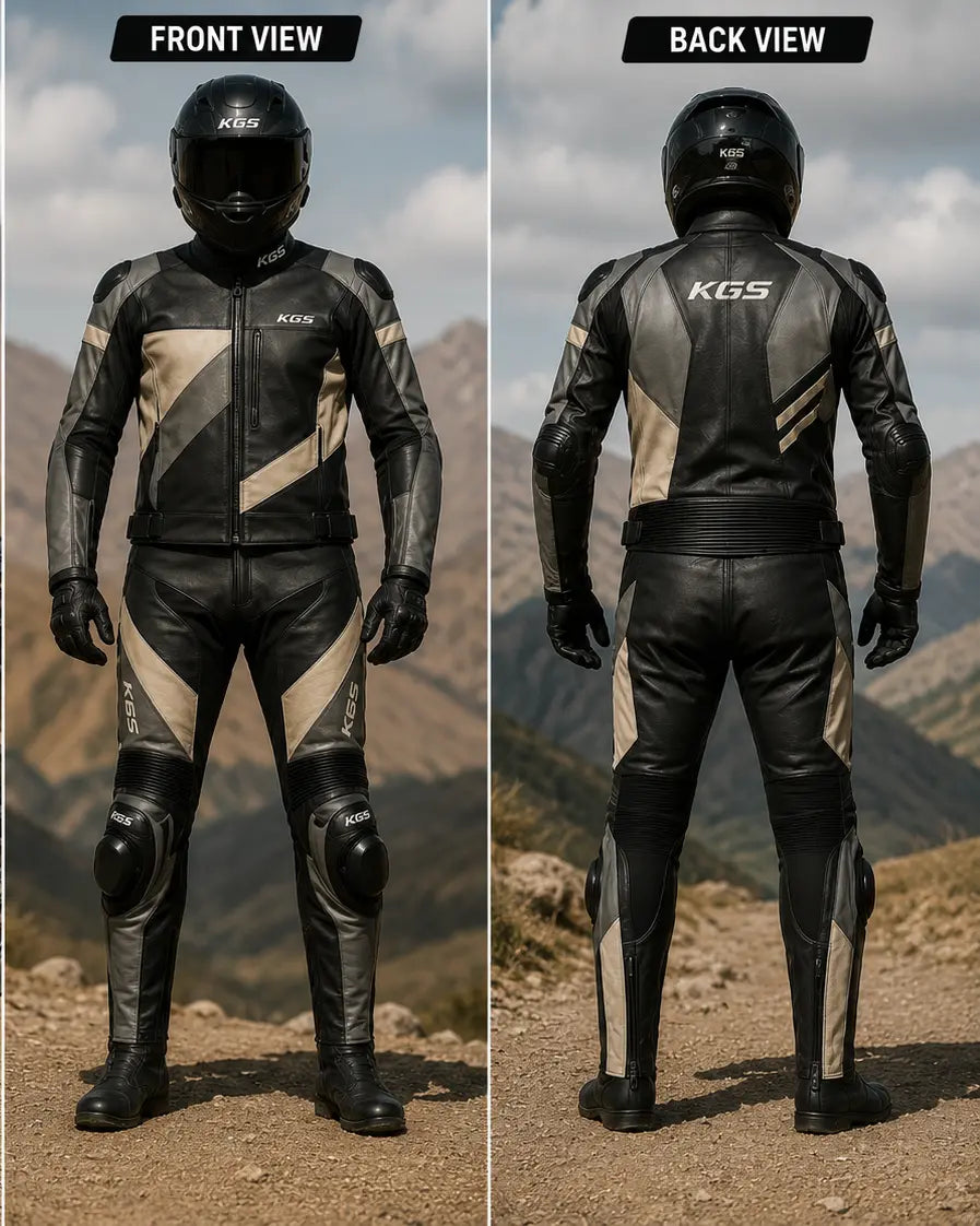 Motorcycle suit shown from front and back with mountainous background