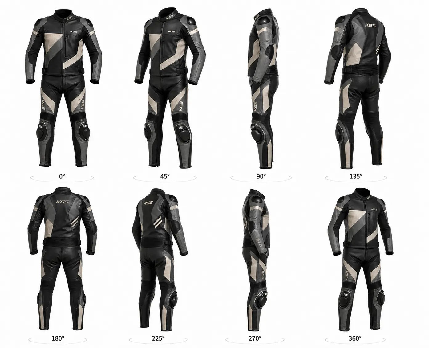 Black and gray motorcycle suit displayed from multiple angles on a white background