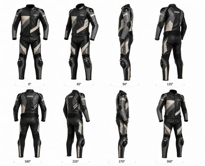 Black and gray motorcycle suit displayed from multiple angles on a white background