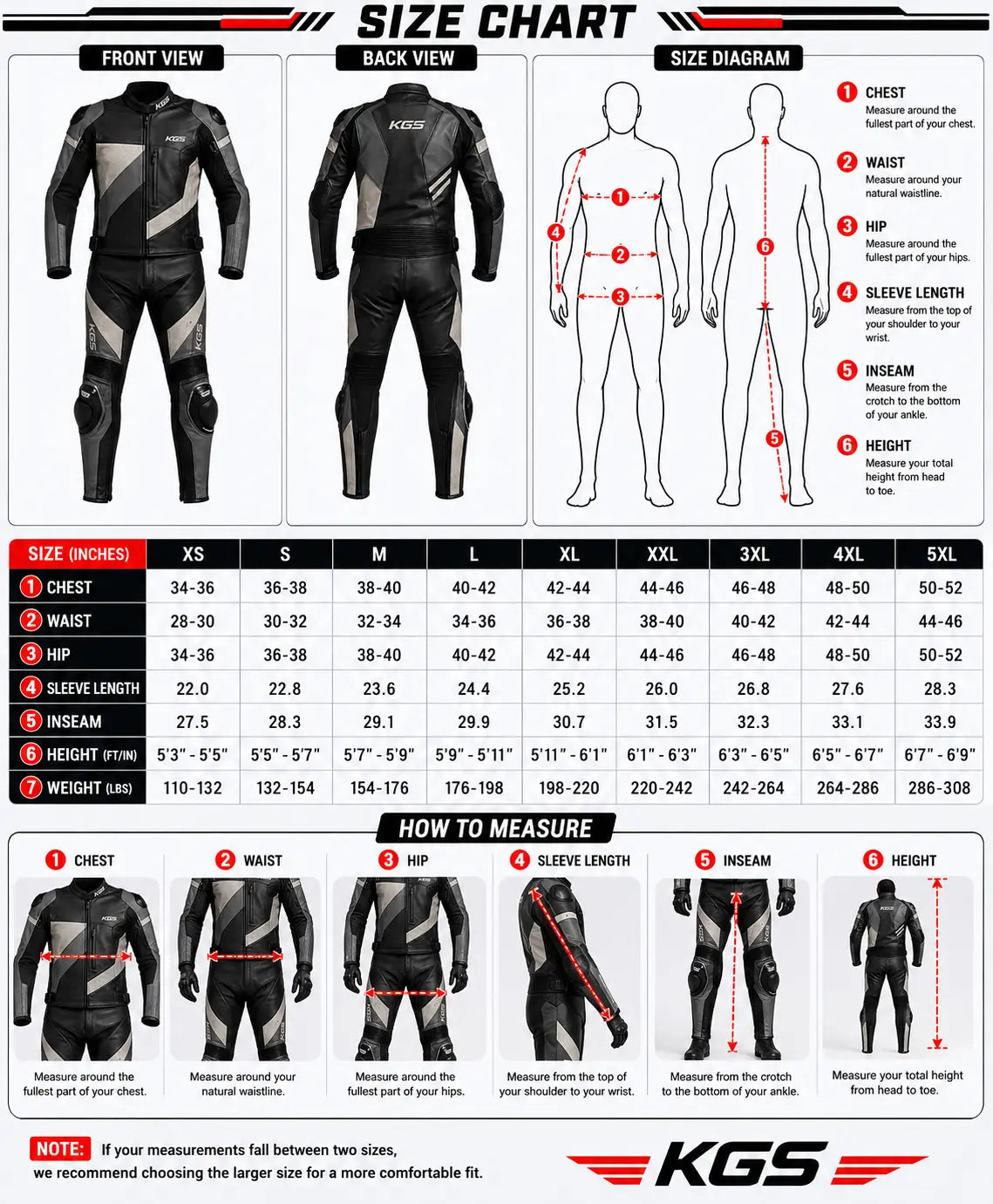Size chart for a motorcycle suit with measurements and KGS branding.