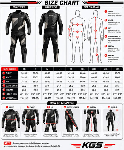 Size chart for a motorcycle suit with measurements and KGS branding.
