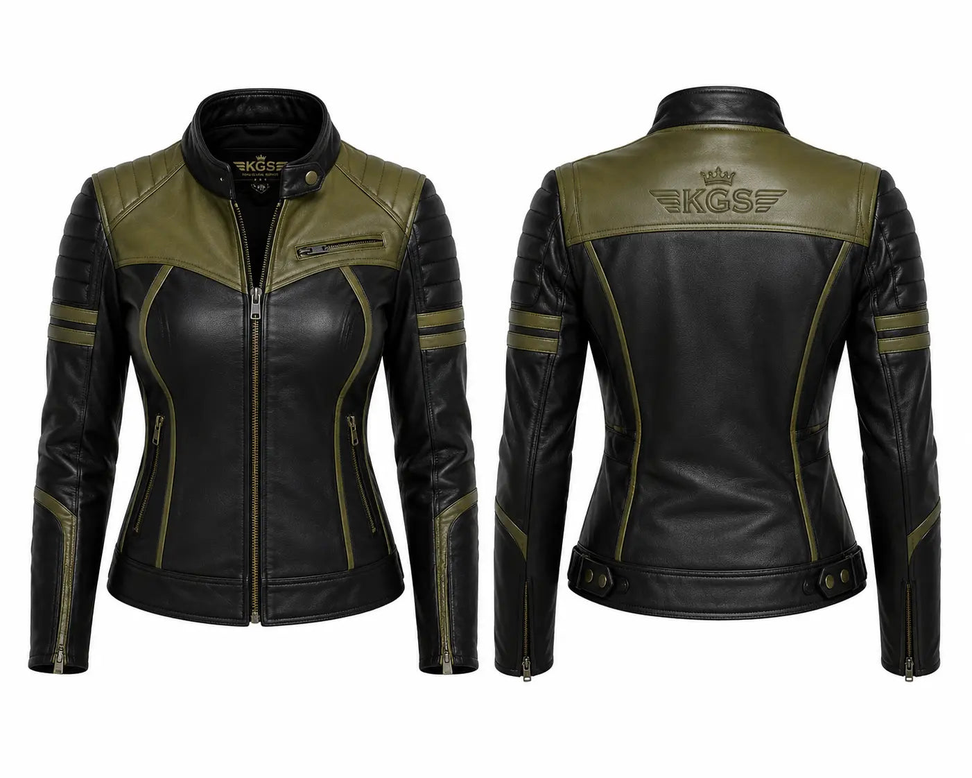Black and green leather jacket with 'KGS' branding on a white background