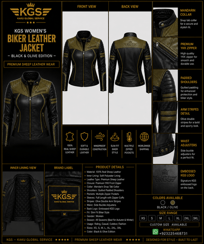 KGS Women's Biker Leather Jacket with black and olive design, featuring front, back, and side views.