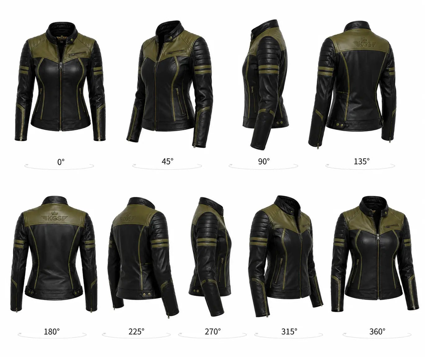 Black and green leather jacket displayed from multiple angles on a white background