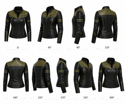 Black and green leather jacket displayed from multiple angles on a white background