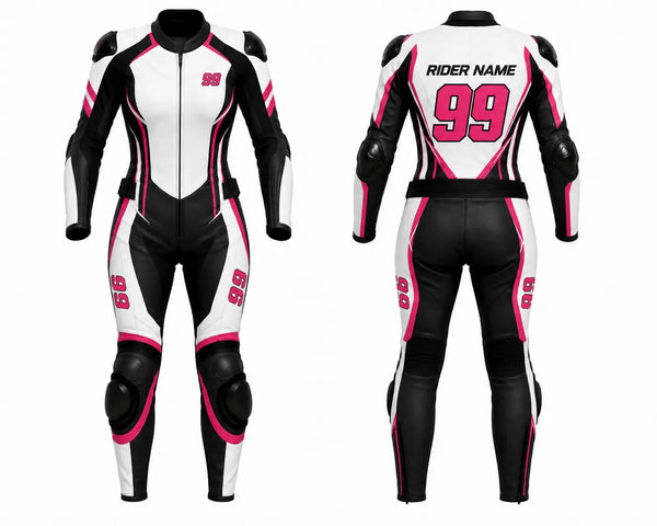 Motor racing suit with black, white, and pink design on a white background
