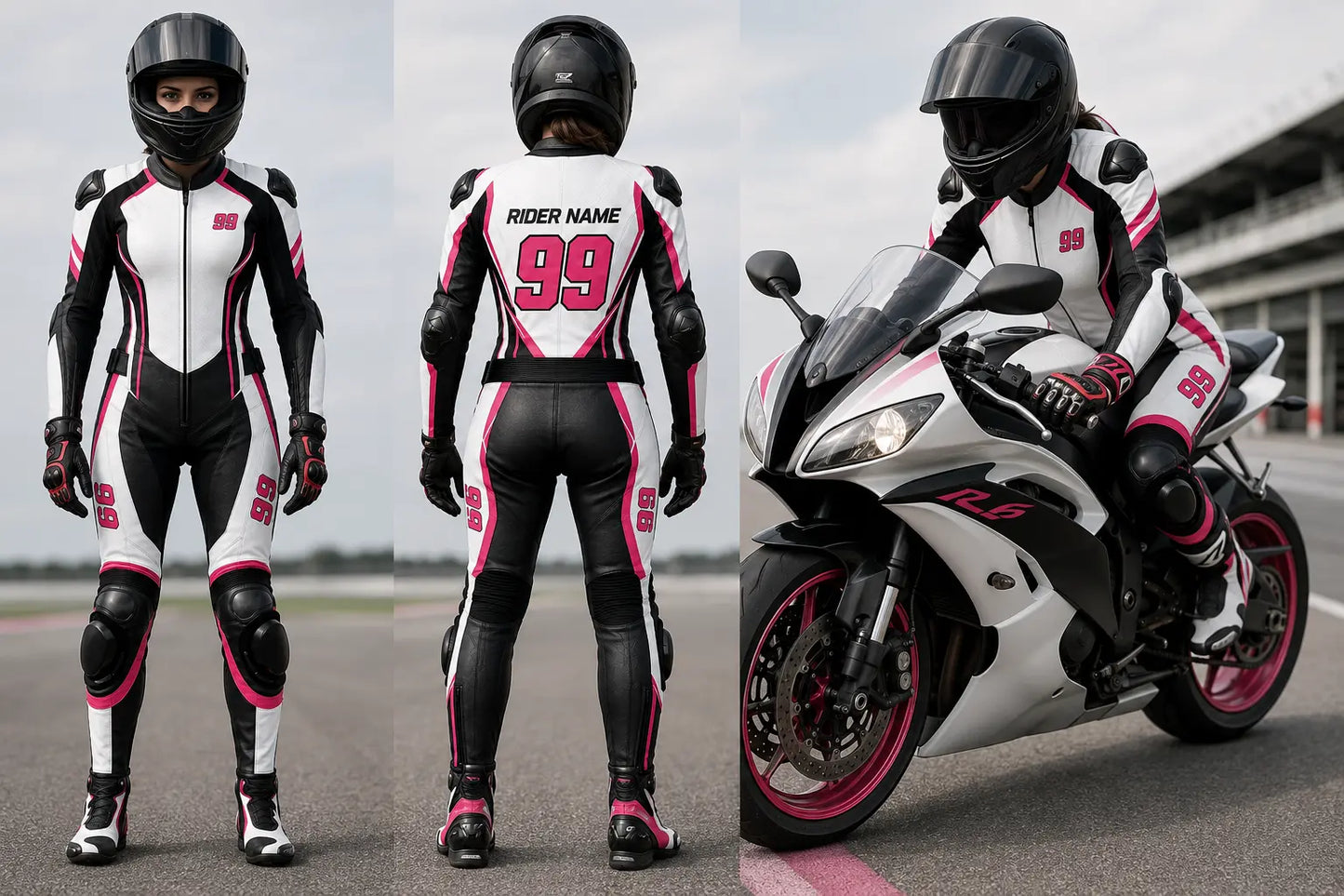 Motorcycle racer in a black and white racing suit with pink accents on a racetrack.