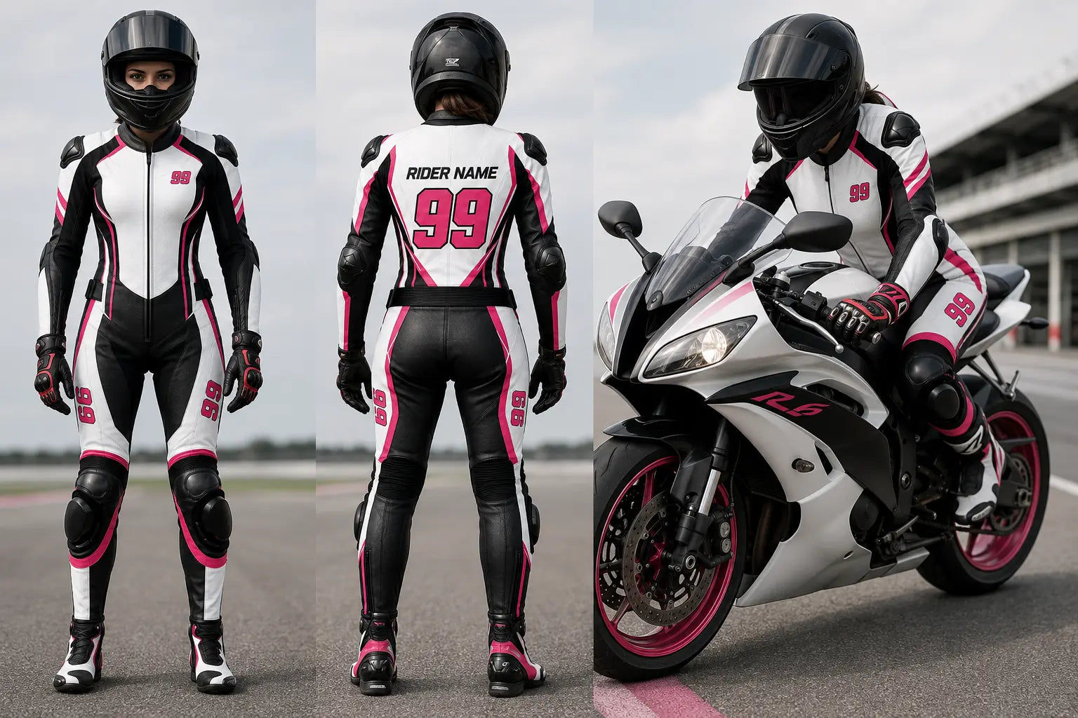 Motorcycle racer in a black and white racing suit with pink accents on a racetrack.
