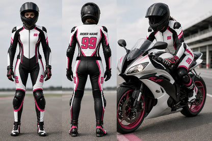 Motorcycle racer in a black and white racing suit with pink accents on a racetrack.