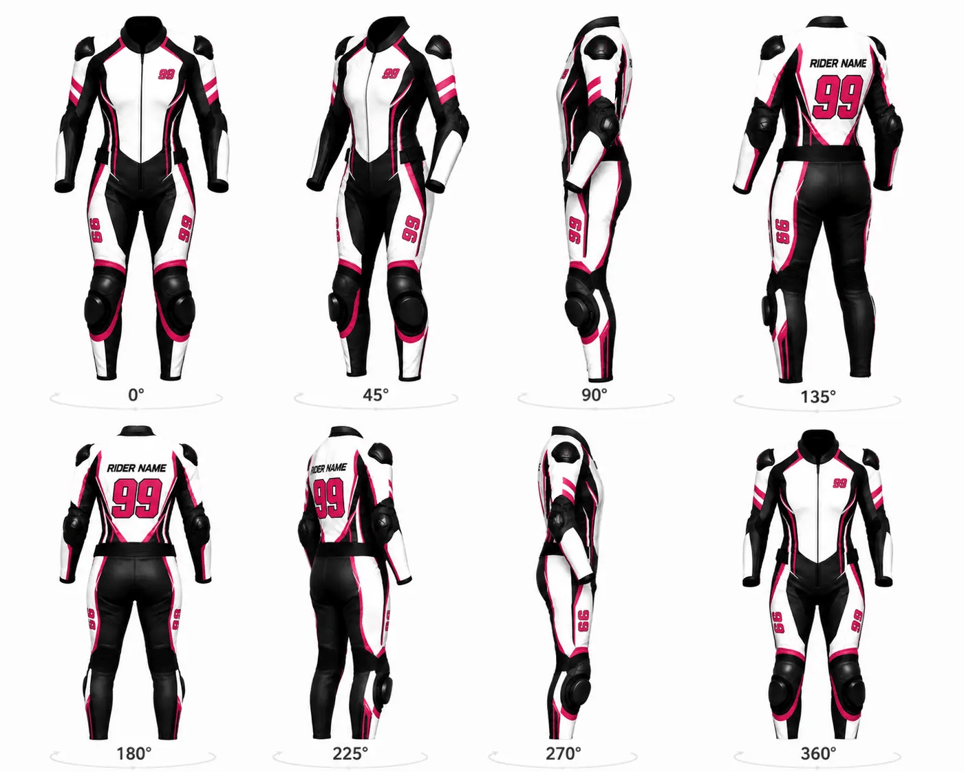 Motor racing suit displayed from multiple angles on a white background