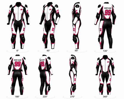 Motor racing suit displayed from multiple angles on a white background