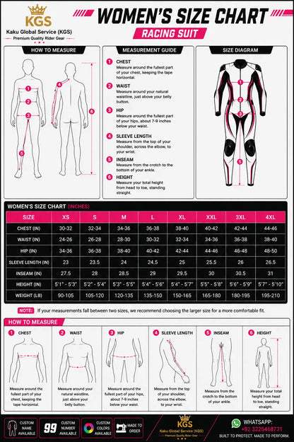 Kaku Global Service women's racing suit size chart with measurement guide and diagram.