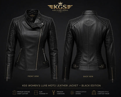 Black leather women's moto jacket with front and back views on a dark background, featuring KGS branding.